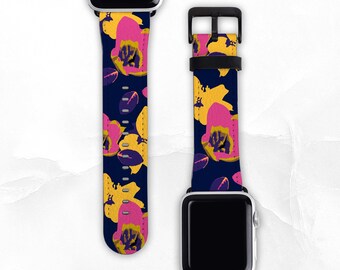 Tropical Floral Faux Leather Band for Apple Watch - Sizes 38mm 40mm 42mm 44mm - Apple Watch Band Series 3 4 5 6 7 8 SE