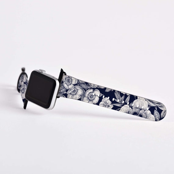 Dark Blue Floral Faux Leather Band for Apple Watch - Sizes  display picture 3