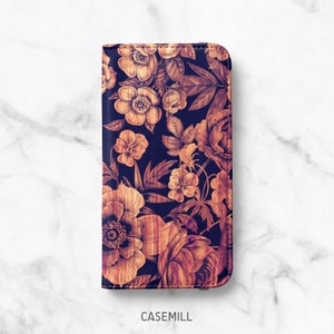 Dark Wood Floral Wallet Case for iPhone 14, 14 Plus, 14 Pro, 13 Mini, 13 Pro, 12 Pro Max, 12 Pro, 11, 11 Pro Max, SE, XR, XS, 8, 8 Plus