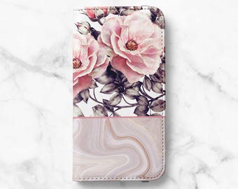 Marble Floral Wallet Phone Case for Samsung Galaxy S26, S25, S24 Ultra, S23 Plus, S22, S21, S20 - Faux Leather Folio Flip Cover