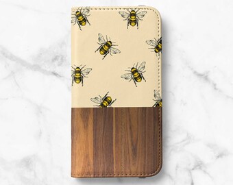 Bee Wood Print Folio Wallet Case For Samsung Galaxy S22, S22 Ultra, S21, S21 Plus, S21 Ultra, S20, S20 Ultra, S10, S10 Plus, S9, S9 Plus