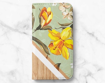 Green Floral Print Folio Wallet Case For Samsung Galaxy S22, S22 Plus, S21, S21 Plus, S21 Ultra, S20, S20 Ultra, S10, S10 Plus, S9