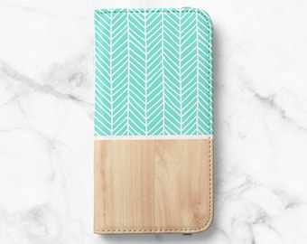 Mint Arrow Wood Print Wallet Phone Case for Samsung Galaxy S26, S25, S24 Ultra, S23 Plus, S22, S21, S20 - Faux Leather Folio Flip Cover