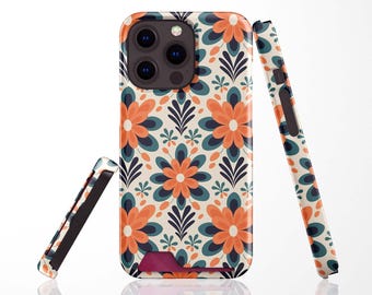 Floral Retro Card Holder Phone Case for iPhone 18 Pro, 17, 16 Pro Max, 15 Plus, 14 Pro, 13 Mini, Samsung S22, S21 Ultra, Card Slot Case