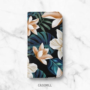 Funda tipo folio tropical para Samsung Galaxy: funda tipo billetera de piel sintética con flores beige y hojas de monstera.
