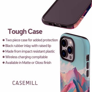 The image is a product advertisement for a "Tough Case" designed for an iPhone. It features a close-up view of the case, highlighting its features such as the two-piece design, black rubber lining, and impact-resistant plastic construction. The case is also described as wireless charging compatible and available in matte or gloss finish.