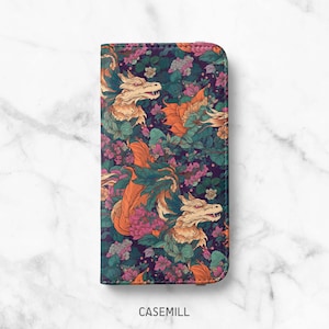 Funda tipo cartera con diseño de flores de dragón para iPhone 14, 14 Plus, 14 Pro, 13 Mini, 13 Pro, 12 Pro Max, 12 Pro, 11, 11 Pro Max, SE, XR, XS, 8, 8 Plus