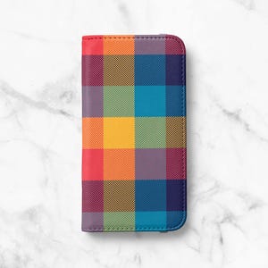 Vibrant Plaid Check Faux Leather Wallet Case: iPhone & Samsung Galaxy