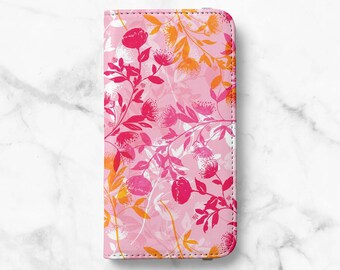 Pink Floral Faux Leather Wallet Case for iPhone 18 Pro, 17, 16 Pro Max, 16e, 15 Plus, 14 Pro, 13 Mini - Samsung S26, S25, S24, S23 Ultra