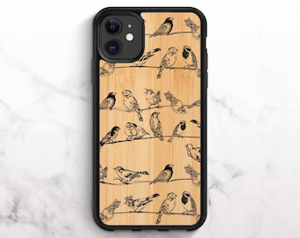 Real Bamboo iPhone 12 Case iPhone 11 Case iPhone XR Case Wooden iPhone 11 Case iPhone 8 Case iPhone 11 Pro Case iPhone XS Case Birds Print