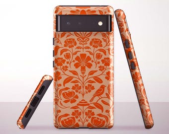 Orange Folk Pattern Phone Case for Google Pixel 10 Pro XL, 9a, 8 Pro, 8a, 7a, 6 Pro - Samsung & iPhone Models
