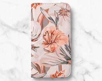 Peach Floral Folio Wallet Case For Samsung Galaxy S22, S22 Plus, S21, S21 Plus, S21 Ultra, S20, S20 Ultra, S10, S10 Plus, S9