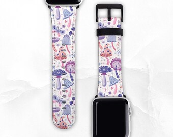 Mushroom Pattern Faux Leather Band for Apple Watch - Sizes 38mm 40mm 42mm 44mm - Apple Watch Band Series 3 4 5 6 7 8 SE