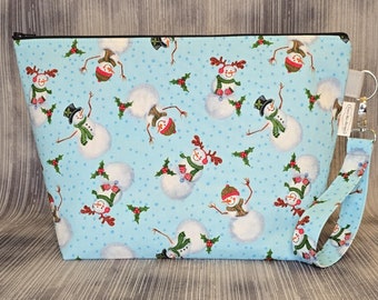 Christmas Project Bag: Blue Snowmen, Holly, Medium Knitting Bag