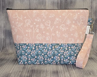 Floral Project Bag: Blush & White, Medium Knitting or Crochet Bag