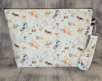Scattered Dog on Sky Blue Background Medium Project Bag; Crochet and Knitting Pouch Organizer; V.2