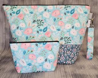 Large Pink and White Flowers on Sky Blue Project Bag; Knitting Bag: Crochet Bag