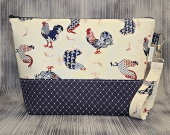 Patriotic Roosters with Navy Base Medium Project Bag; Knitting Bag; Crochet Bag