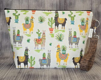 Llama Cactus Project Bag; Medium Knitting Crochet Bag – Zippered Cotton Organizer; V.1