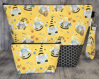 Large Bumble Bee Gnome Project Bag; Knitting Bag; Crochet Bag
