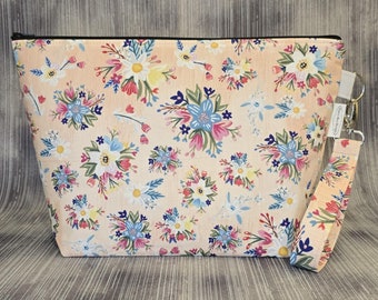 Floral Knitting Project Bag, Handmade Cotton Crochet Bag with Lanyard