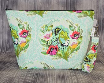 Tula Pink Everglow Lion Mane in Teals and Greens Medium Project Bag; Knitting Bag; Crochet Bag