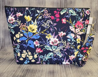 Bouquet of Flowers on Navy Project Bag; Medium Knitting Bag; Crochet Bag