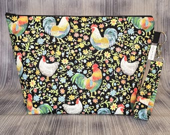Rooster and Chicken Floral Project Bag – Medium Knitting Crochet Zippered Pouch