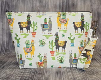 Llama Cactus Project Bag; Medium Knitting Crochet Bag – Zippered Cotton Organizer