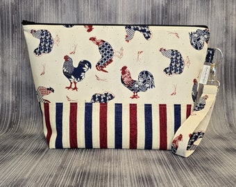 Patriotic Roosters with Stripped Base Medium Project Bag; Knitting Bag; Crochet Bag