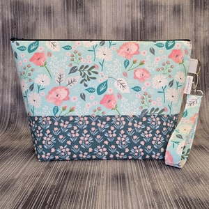Pink and White Flowers on Sky Blue Project Bag; Medium Knitting Bag; Crochet Bag