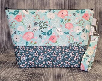 Pink and White Flowers on Sky Blue Project Bag; Medium Knitting Bag; Crochet Bag