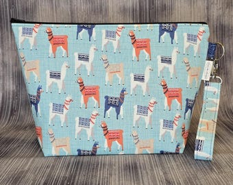 Blue Llama Project Bag, Medium Knitting Bag, Zippered Cotton Pouch