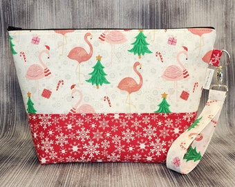 Christmas Flamingos Project Bag; Medium Knitting Bag; Crochet Bag