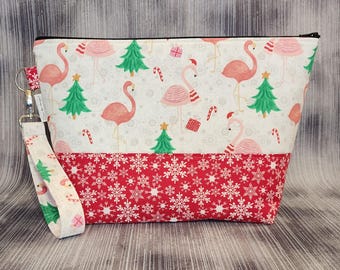 Christmas Flamingos Project Bag, Medium Cotton Knitting Bag