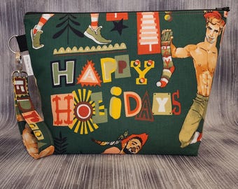 Happy Holidays Project Bag, Medium Knitting Bag with Lanyard