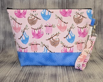 Sloth Print Project Bag, Cotton Knitting Bag with Lanyard