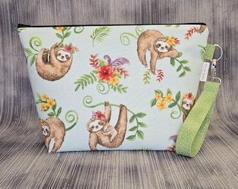 Sloth & Floral Project Bag, Handmade Knitting Bag with Lanyard