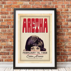 Może przedstawiać: Winietkowy plakat koncertowy Arethy Franklin, przedstawiający jej czarno-biały portret, z tekstem "ARETHA" w czerwonych literach i "FEBRUARY 16, 1968 Cobo Arena 1 WASHINGTON BLVD, DETROIT, MI 48226".