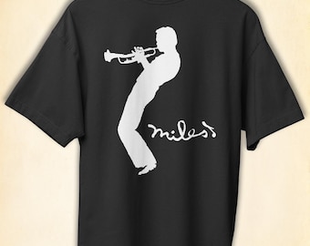 Officially Licensed Miles Davis Silhouette Black T-Shirt with Drop Shoulder Cut - Crew Neck, 100% Cotton,