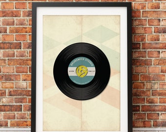 May include: A vintage-style poster featuring a black vinyl record with the text "Brunswick Stereo" and "45 RPM" and "TIME 2:17". The record is on a background of geometric shapes in shades of pink, blue, and green.
