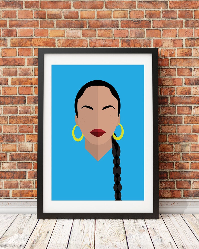 May include: A framed illustration of a woman with long black hair, wearing large yellow hoop earrings and a blue background.
