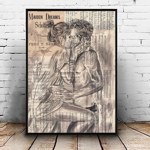 Valentijnsdag romantisch paar kunst, afdrukbare paren kunst, bladmuziek kunst, Instant Download, romantisch cadeau
