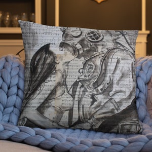 Nautical Art Print, Vintage Kissing, Deep Diver Scuba Art, Upcycled Music Page Art Print, Basic Pillow