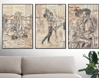 Romantic Art prints, Set of 3 Printable Wedding Couple Art, PRINTABLE Matching Art, Anniversary Gift, Romantic Art Instant Download
