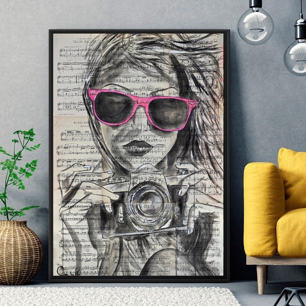Woman with Sunglasses wall Art, Woman with Camera Wall Art, Modern Pop Art Portrait poster, Female Photographer, Camera Art