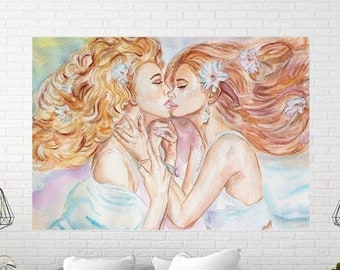 Women Watercolor Print, Kissing LGBTQ, Lesbian Watercolor Painting, Sensual Women Art,  Kissing Wall Art