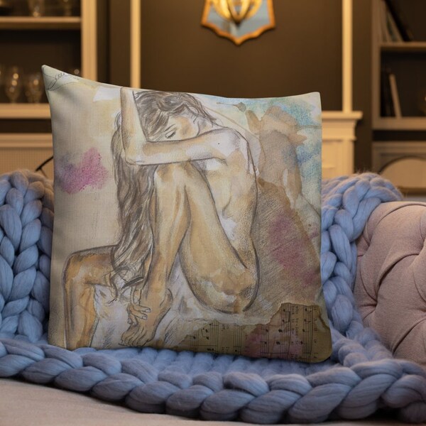 Sensual Nude Woman Illustration Throw Pillow Print, Elegant Nude Female Figure Illustration,  Sensual Chic and Luxurious Home Ambiance