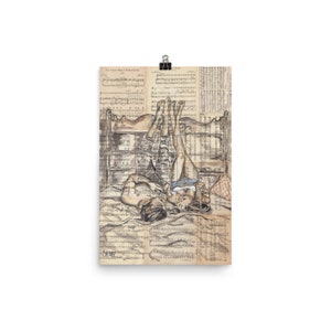 May include: A black and white illustration of a couple lying in bed, with their legs in the air. The illustration is drawn on top of a sheet of music.