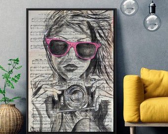 Woman with Camera Artwork, Woman with Sunglasses wall Art, Modern and Stylish Wall Art Statement Piece, Female Photographer, Camera Art